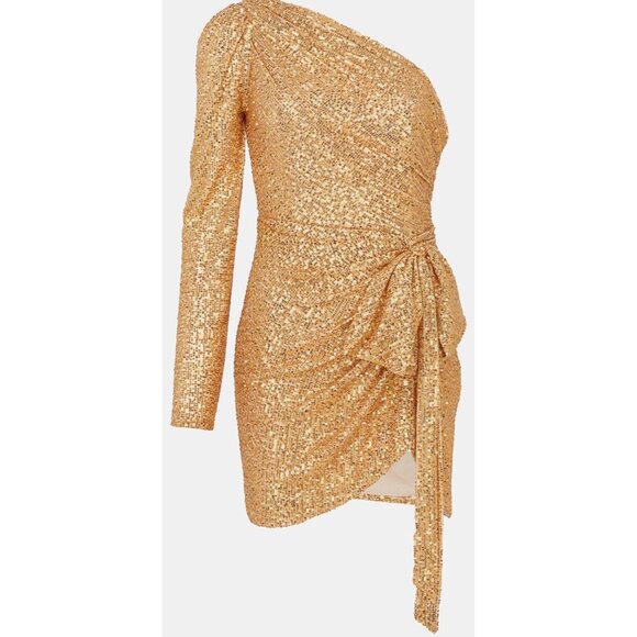 Mac Duggal Gold Sequined One Shoulder Draped Side Bow Mini Dress Size 2 - Picture 15 of 16